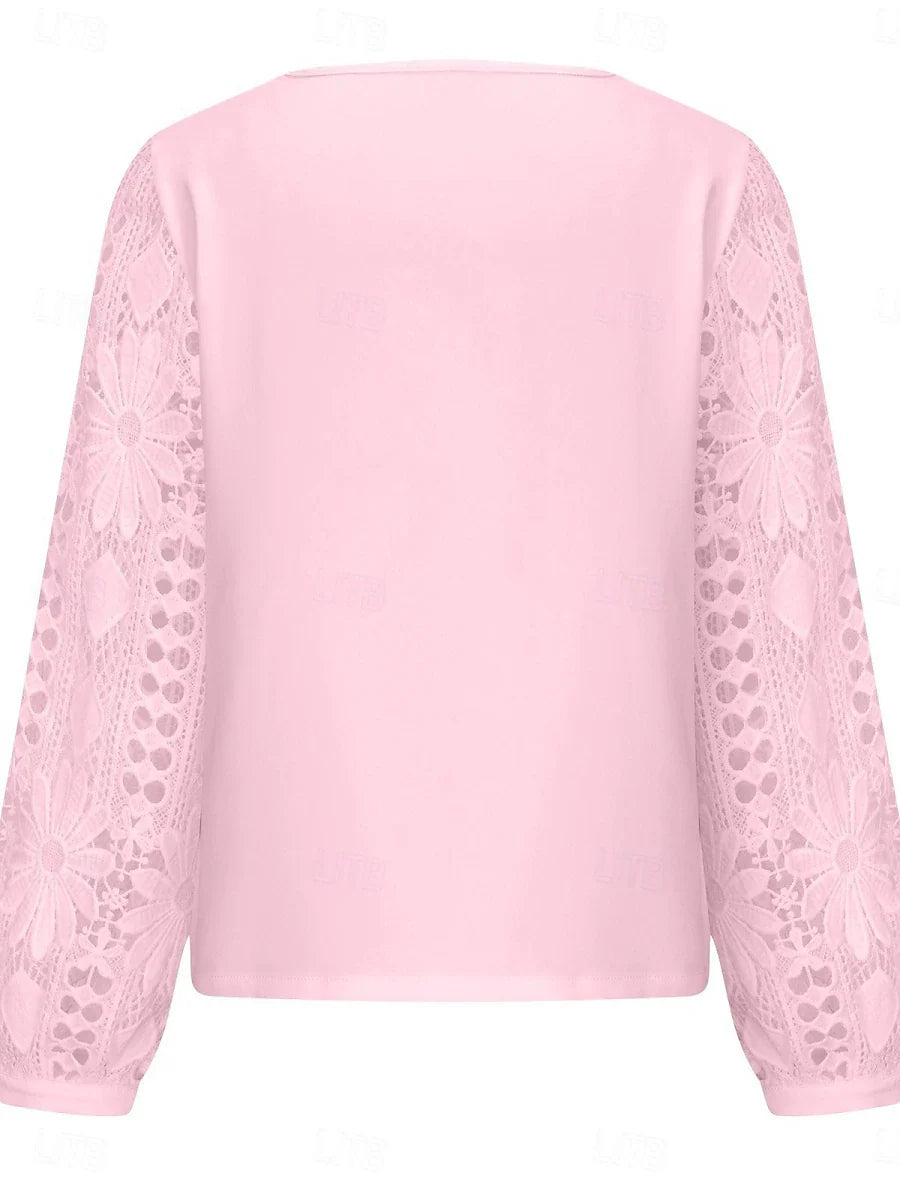 Women's White Elegant Lace Tops Eyelet Blouse Casual Solid Color Regular Tops Long Sleeve Asymmetrical Lace Patchwork Regular Fit Daily Black White Pink Romantic Petite Tops Summer Holiday Wear